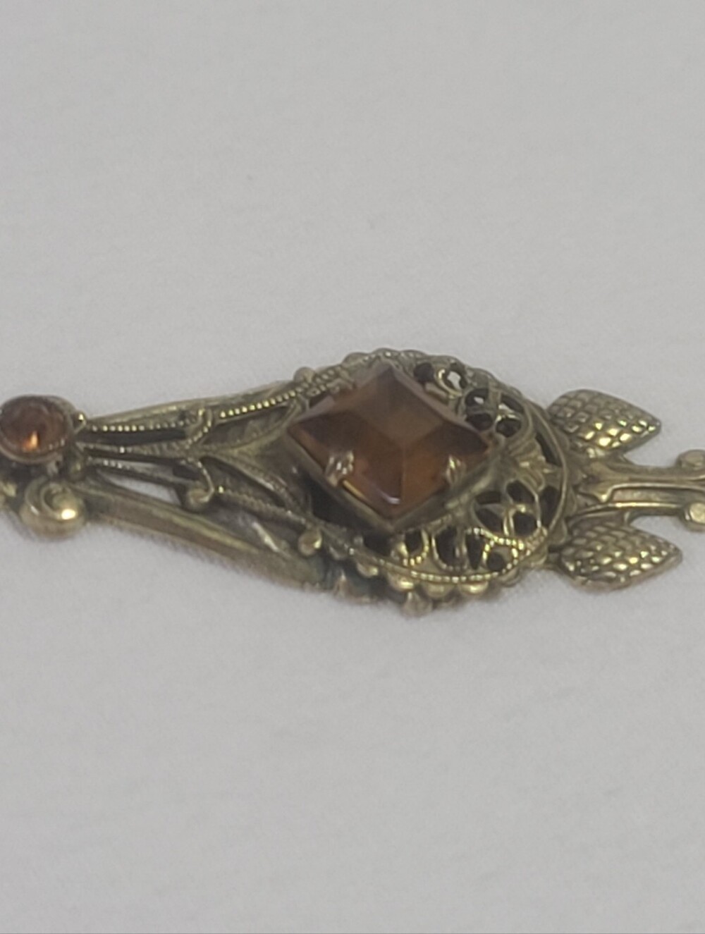 Antique Art Deco Orange Yellow Glass Gems Brass Pendant Necklace - Picture 5 of 14